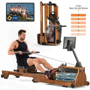 Rameur à Eau pliable – ADVAMSOLER – 15L - 6 repères - Bluetooth - Connectivité Kinomap – Ecran LCD – Bois Chêne Massif Certifié FSC